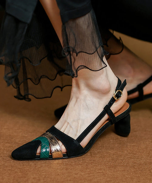 Green Hollow Out Sandals Chunky Heel Suede French Splicing XC1007 Ada Fashion