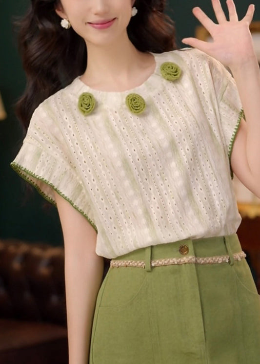 T Summer Neck O Shirts Green Out Hollow Cotton Striped FashionChic
