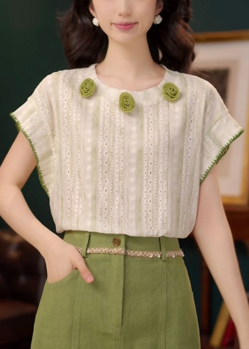 T Summer Neck O Shirts Green Out Hollow Cotton Striped FashionChic