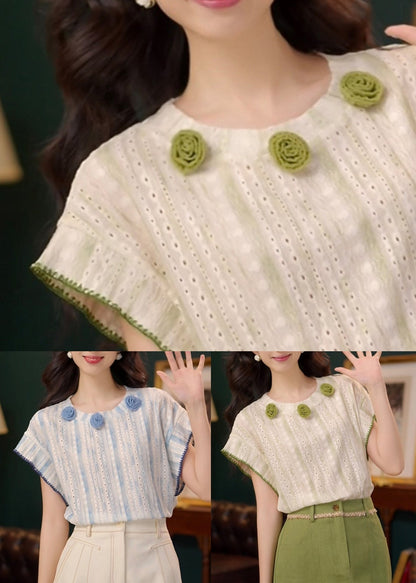 T Summer Neck O Shirts Green Out Hollow Cotton Striped FashionChic