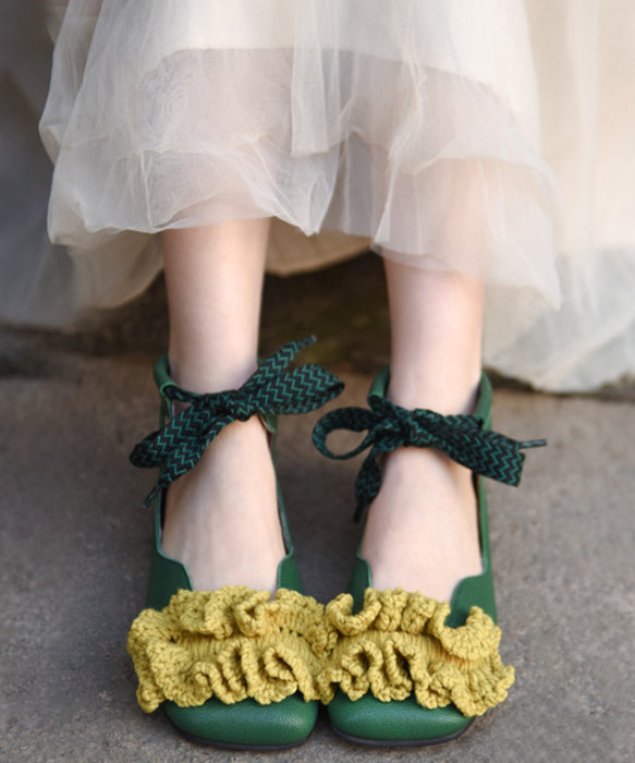 Green Knit Splicing Genuine Leather Cross Strap Flats Shoes RT1031 Ada Fashion