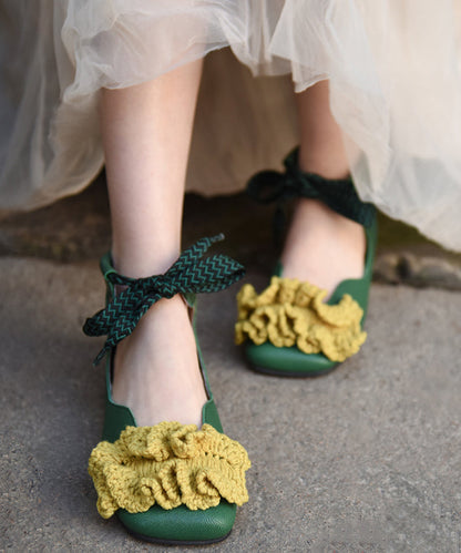 Green Knit Splicing Genuine Leather Cross Strap Flats Shoes RT1031 Ada Fashion