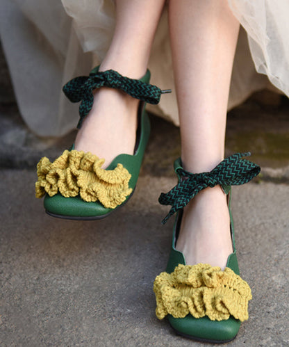 Green Knit Splicing Genuine Leather Cross Strap Flats Shoes RT1031 Ada Fashion