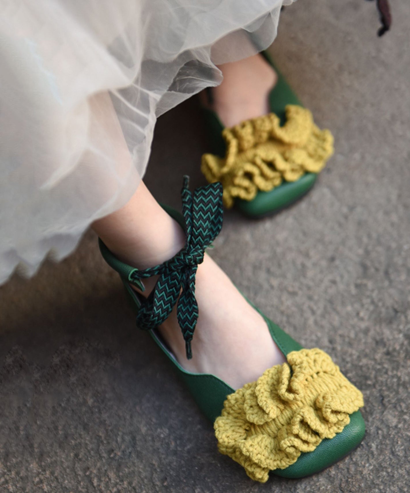 Green Knit Splicing Genuine Leather Cross Strap Flats Shoes RT1031 Ada Fashion