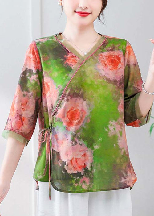 Green Lace Up Linen Blouses V Neck Summer RE051 MZF-HTP240807