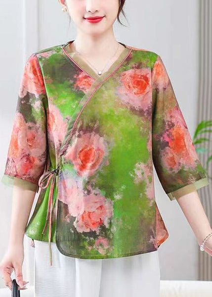 Green Lace Up Linen Blouses V Neck Summer RE051 MZF-HTP240807