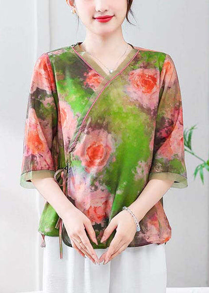 Green Lace Up Linen Blouses V Neck Summer RE051 MZF-HTP240807