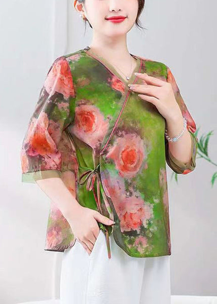 Green Lace Up Linen Blouses V Neck Summer RE051 MZF-HTP240807
