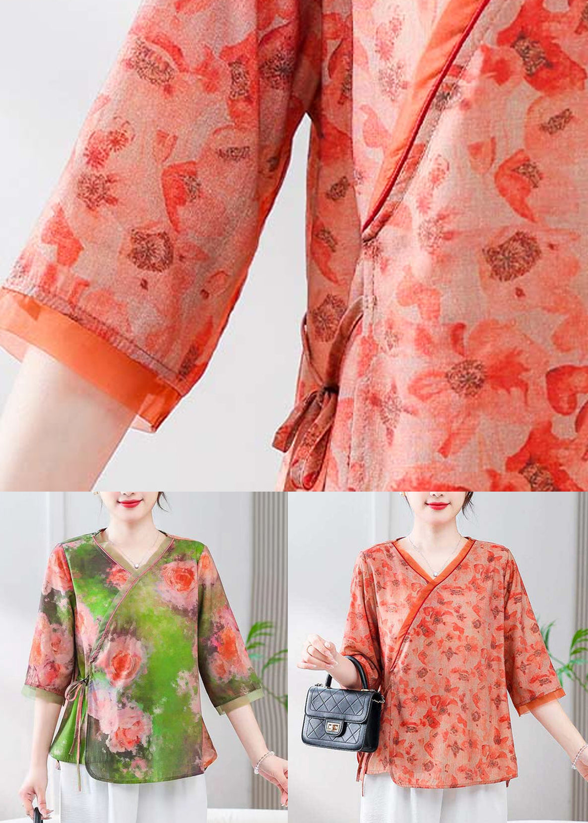 Green Lace Up Linen Blouses V Neck Summer RE051 MZF-HTP240807
