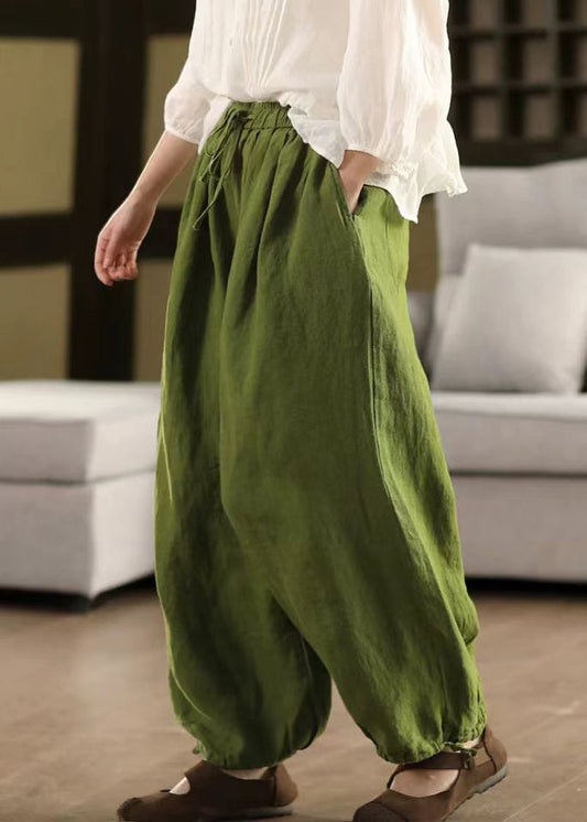 Pants Solid Summer LaceUp Elastic Linen Waist Green Crop FashionChic