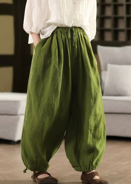 Pants Solid Summer LaceUp Elastic Linen Waist Green Crop FashionChic