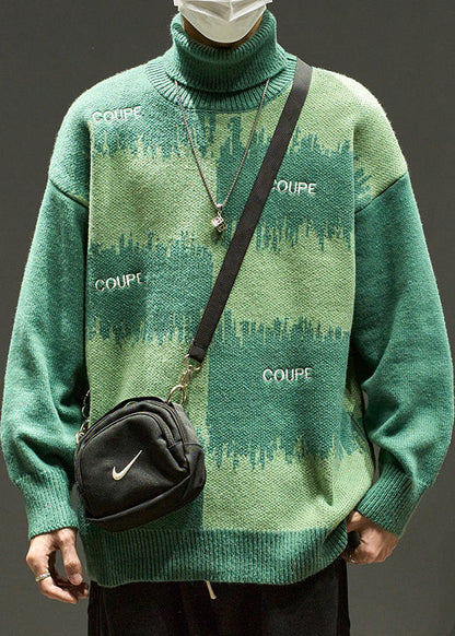 Green Letter Loose Knit Men Sweater Turtleneck Winter RJ042 ABC