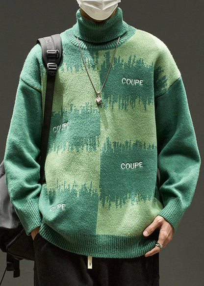 Green Letter Loose Knit Men Sweater Turtleneck Winter RJ042 ABC