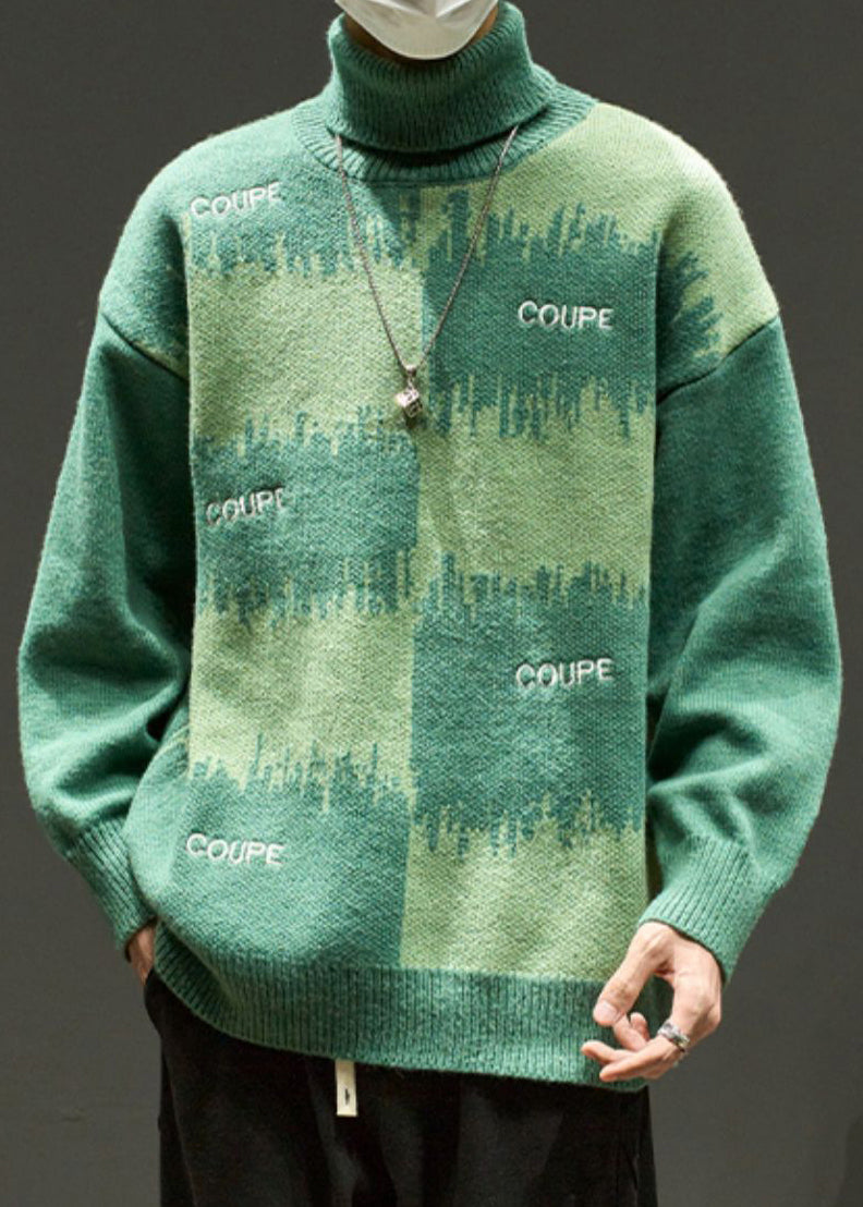 Green Letter Loose Knit Men Sweater Turtleneck Winter RJ042 ABC