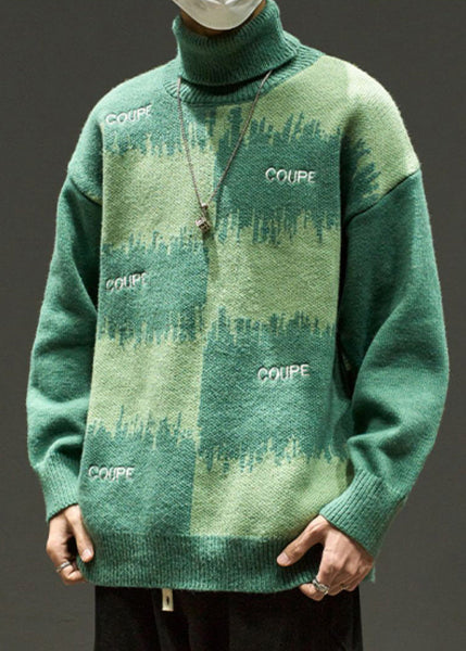 Green Letter Loose Knit Men Sweater Turtleneck Winter RJ042 ABC