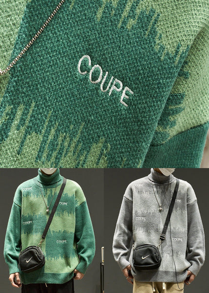 Green Letter Loose Knit Men Sweater Turtleneck Winter RJ042 ABC