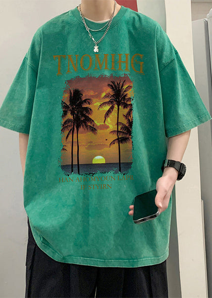 Green Letter Print Cotton Graphic Tees Men O Neck Short Sleeve YL008 ABC