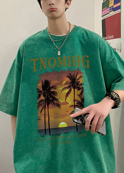 Green Letter Print Cotton Graphic Tees Men O Neck Short Sleeve YL008 ABC