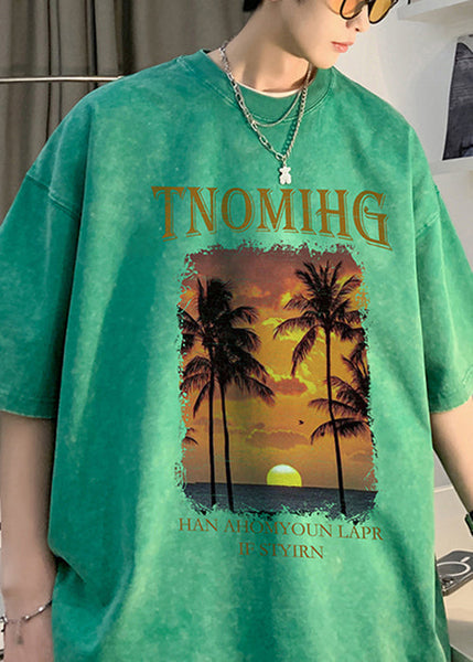 Green Letter Print Cotton Graphic Tees Men O Neck Short Sleeve YL008 ABC