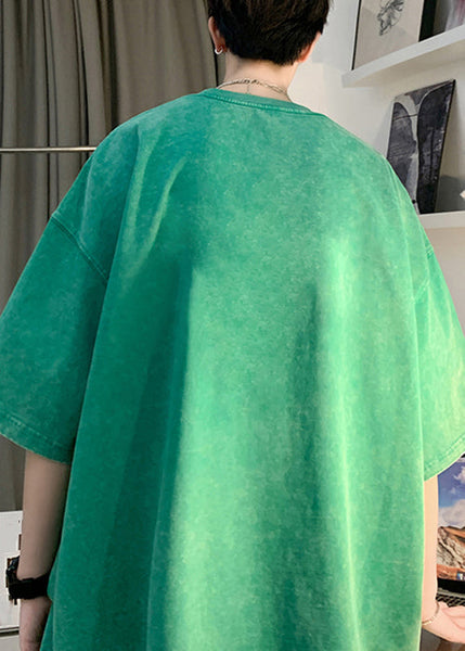 Green Letter Print Cotton Graphic Tees Men O Neck Short Sleeve YL008 ABC