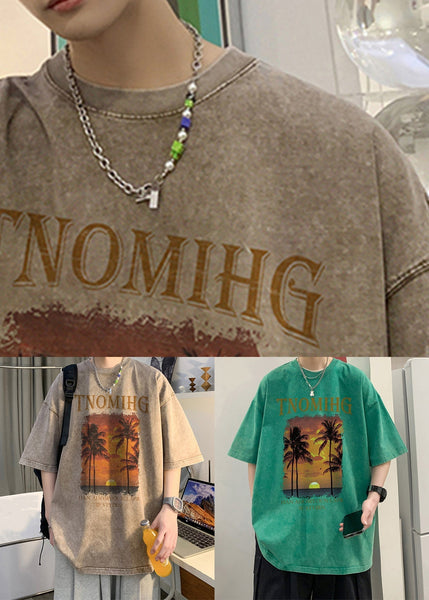 Green Letter Print Cotton Graphic Tees Men O Neck Short Sleeve YL008 ABC