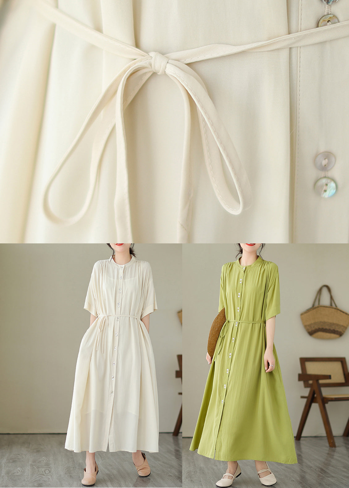 Green O-Neck Button Maxi Dresses Summer GH1032 Ada Fashion