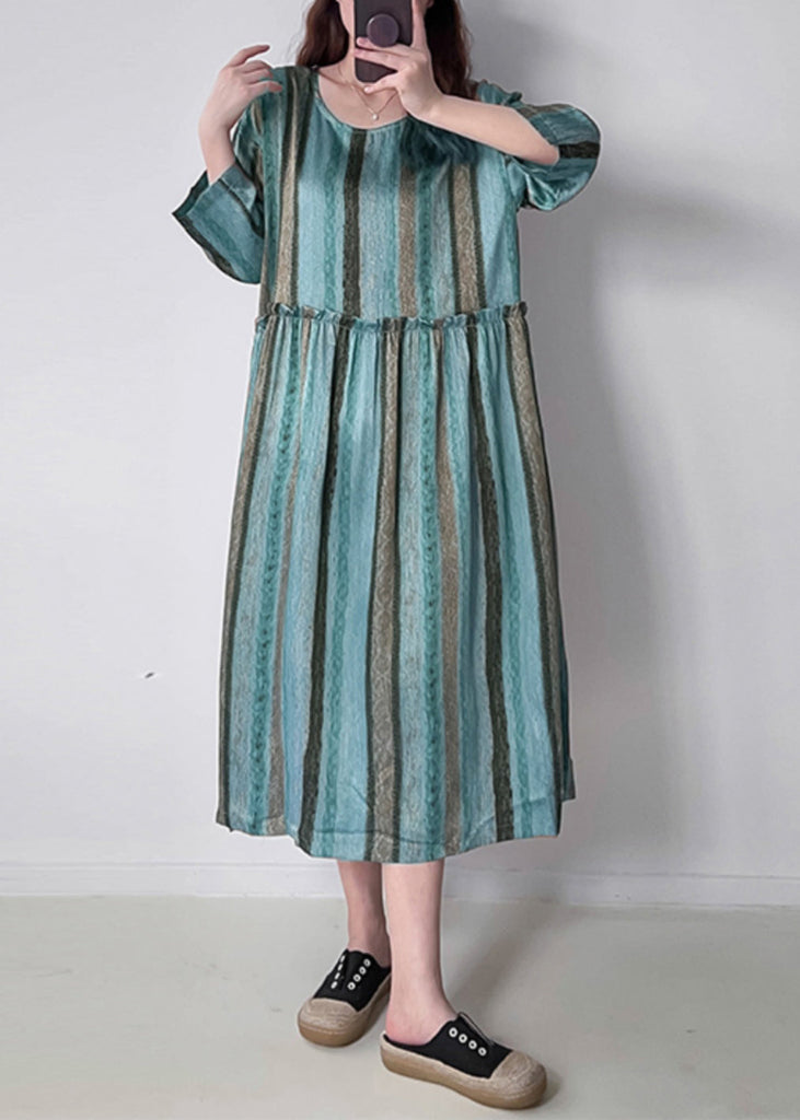 Green O-Neck Ruffled Wrinkled Silk Cotto Maxi Dress Spring VV040 HS-FDL240627