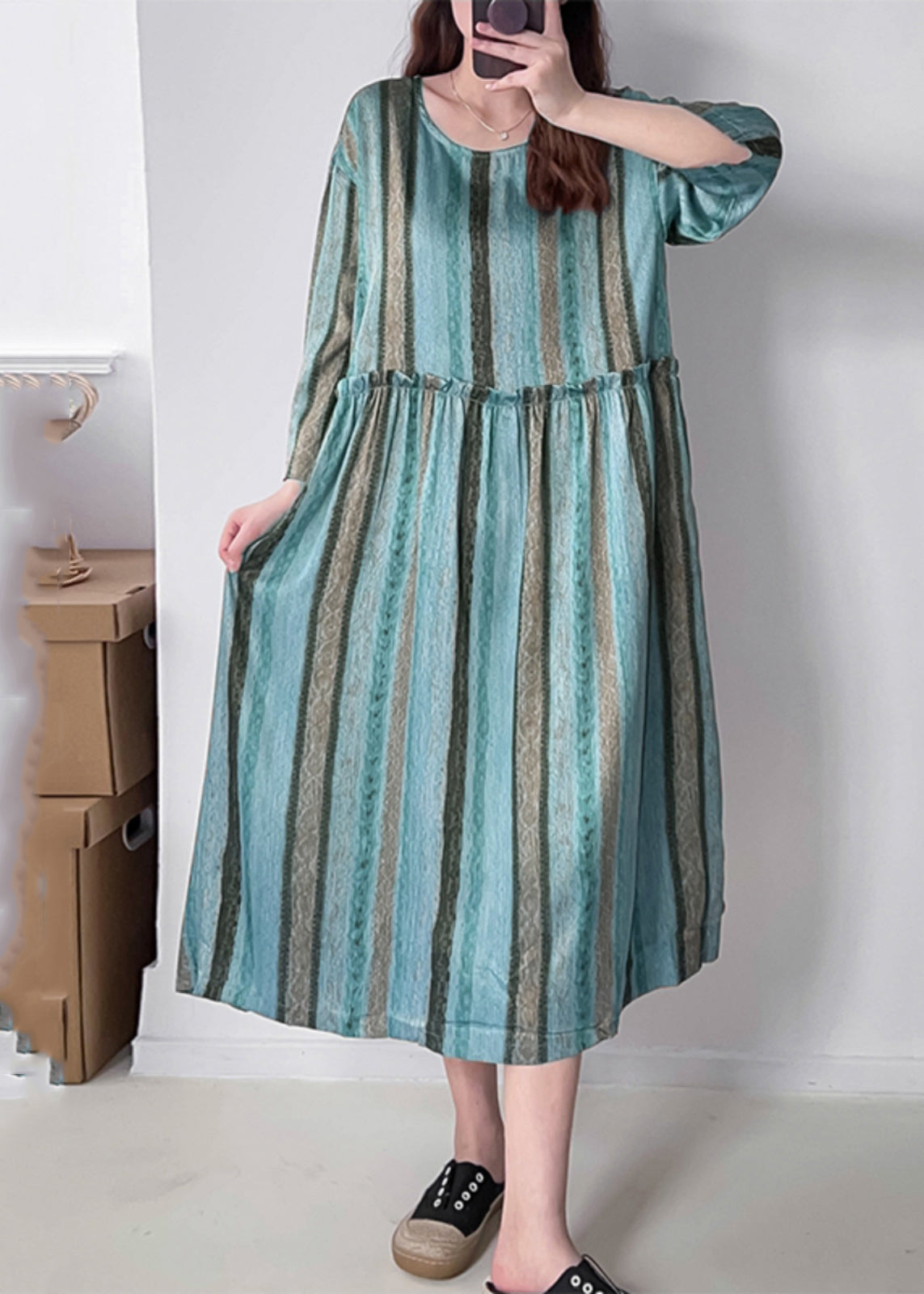 Green O-Neck Ruffled Wrinkled Silk Cotto Maxi Dress Spring VV040 HS-FDL240627