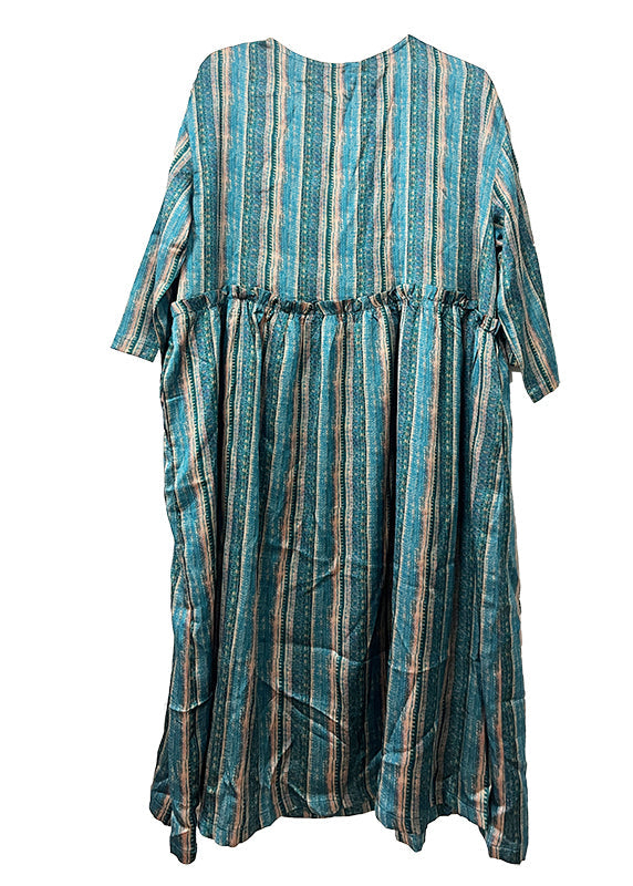 Green O-Neck Ruffled Wrinkled Silk Cotto Maxi Dress Spring VV040 HS-FDL240627