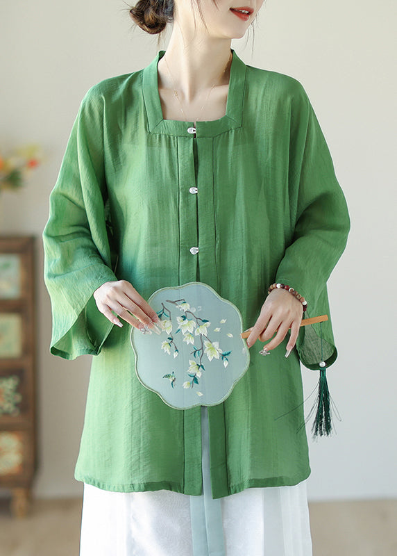 Green Patchwork Button Linen Shirts Long Sleeve AP035 GK-LTP240718