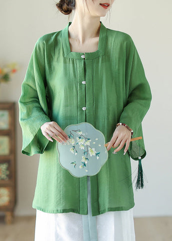 Green Patchwork Button Linen Shirts Long Sleeve AP035 GK-LTP240718