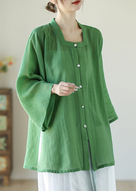 Green Patchwork Button Linen Shirts Long Sleeve AP035 GK-LTP240718