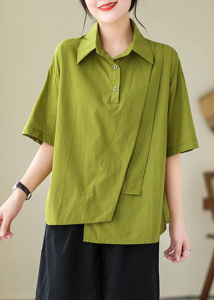 Peter Tops Blouse Pan Green Cotton Summer Patchwork Collar FashionChic