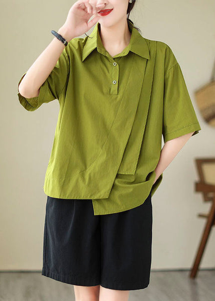 Peter Tops Blouse Pan Green Cotton Summer Patchwork Collar FashionChic