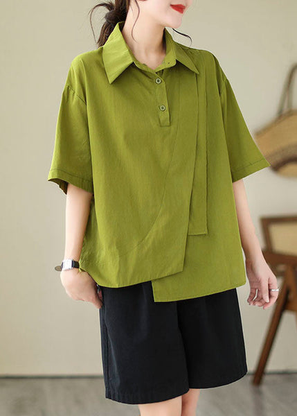 Peter Tops Blouse Pan Green Cotton Summer Patchwork Collar FashionChic