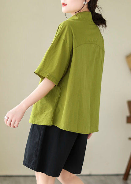 Peter Tops Blouse Pan Green Cotton Summer Patchwork Collar FashionChic