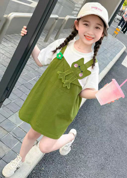 Green Patchwork Cotton Girls Mid Dress O Neck Short Sleeve EW045 WS-RCTZSDGM240809