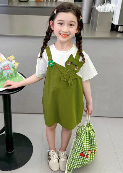 Green Patchwork Cotton Girls Mid Dress O Neck Short Sleeve EW045 WS-RCTZSDGM240809