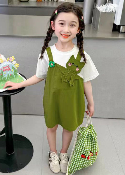 Green Patchwork Cotton Girls Mid Dress O Neck Short Sleeve EW045 WS-RCTZSDGM240809