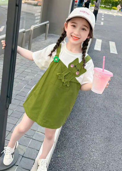 Green Patchwork Cotton Girls Mid Dress O Neck Short Sleeve EW045 WS-RCTZSDGM240809
