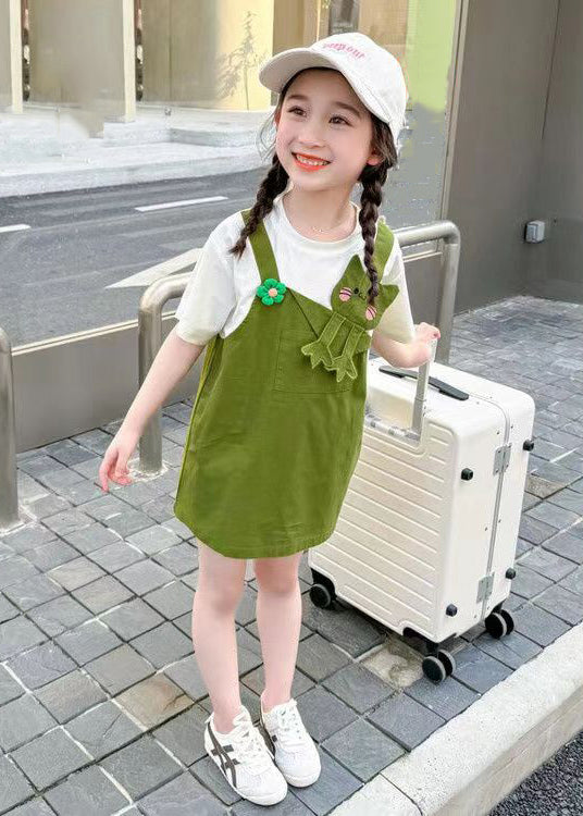 Green Patchwork Cotton Girls Mid Dress O Neck Short Sleeve EW045 WS-RCTZSDGM240809
