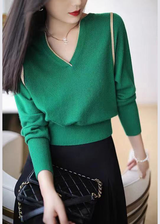 Green Patchwork Loose Knit Top V Neck Long Sleeve TU035