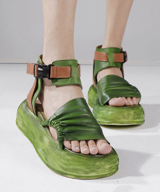 Vintage Green Leather Platform Splicing Sandals Cowhide FashionChic