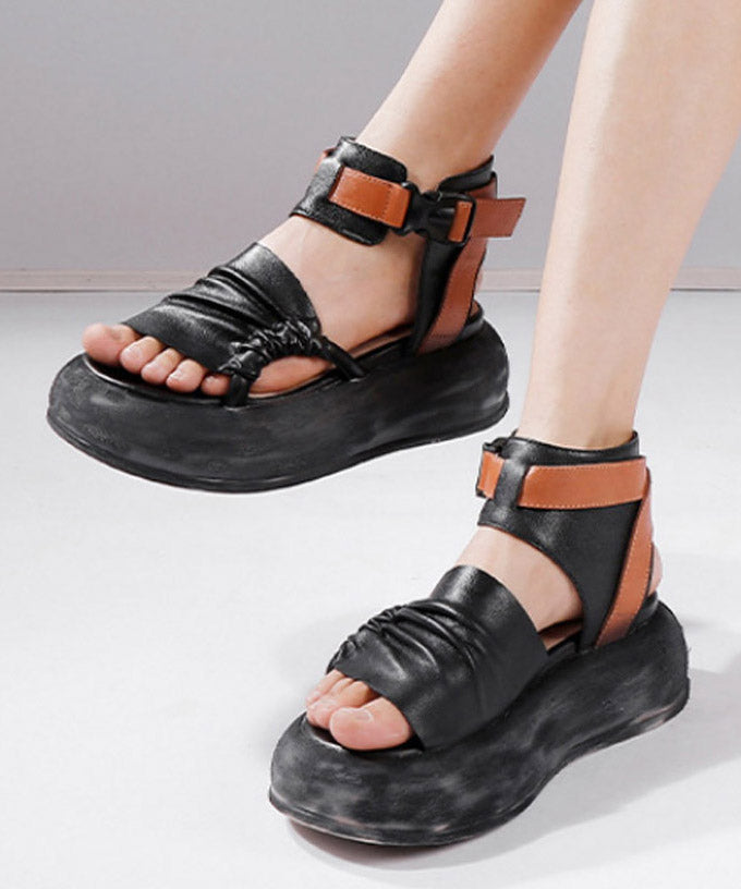 Vintage Green Leather Platform Splicing Sandals Cowhide FashionChic