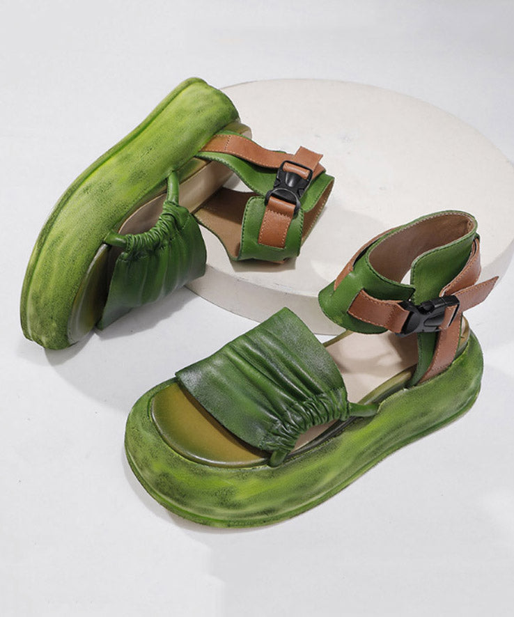 Vintage Green Leather Platform Splicing Sandals Cowhide FashionChic