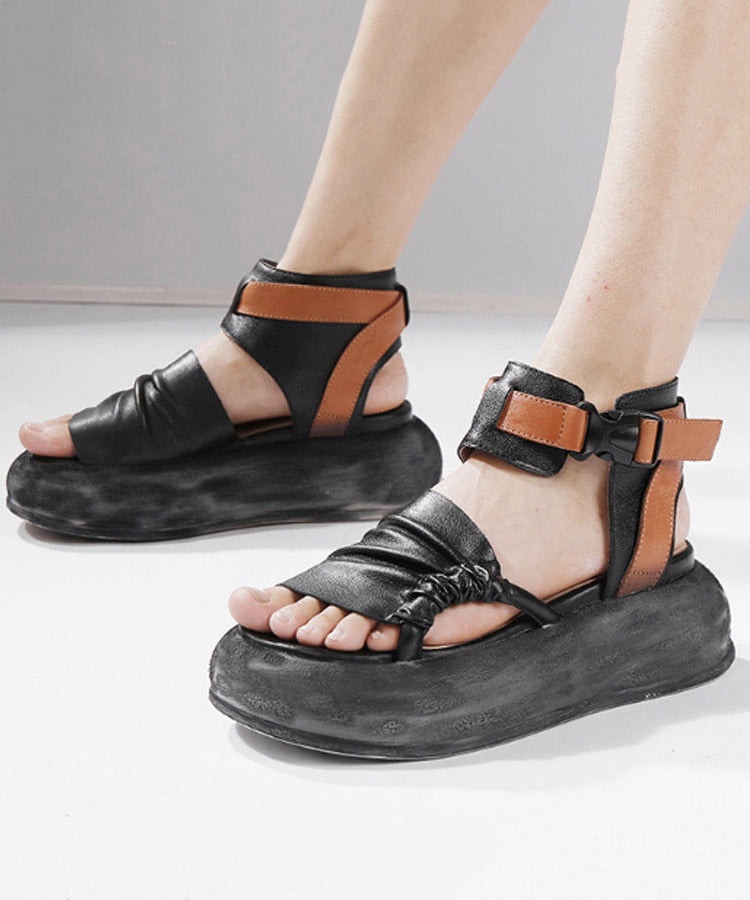 Vintage Green Leather Platform Splicing Sandals Cowhide FashionChic