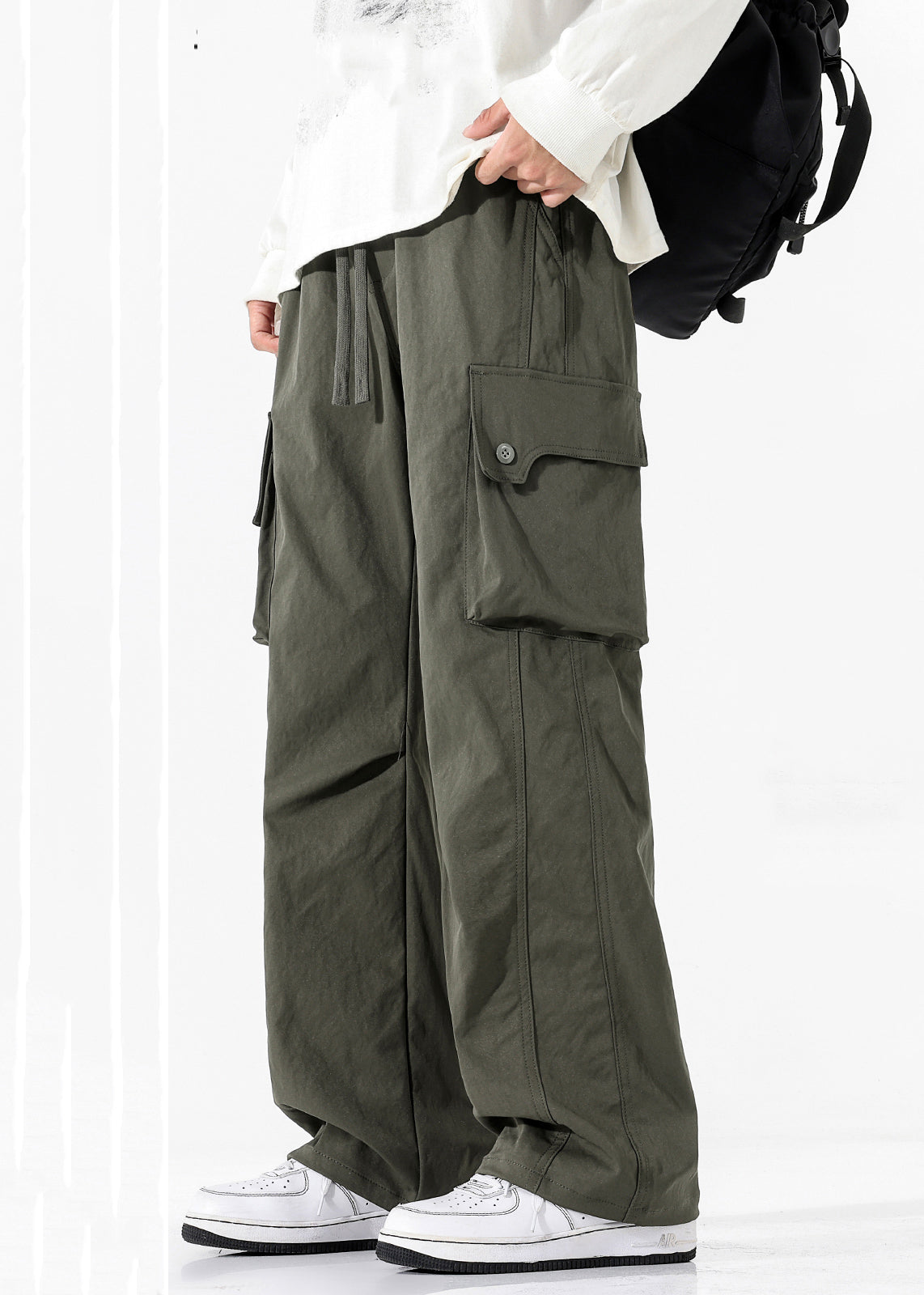 Men Pockets Pants Waist Casual Spring Elastic Cotton Green FashionChic