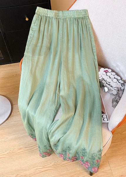 Waist Green Pants Elastic Embroidered Summer Pockets Linen Crop FashionChic