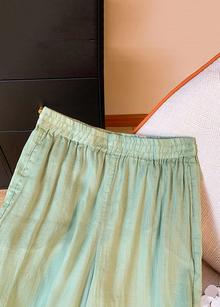 Waist Green Pants Elastic Embroidered Summer Pockets Linen Crop FashionChic