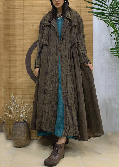 Green Pockets Linen Long Trench Coat Notched Long Sleeve AA1005 Ada Fashion